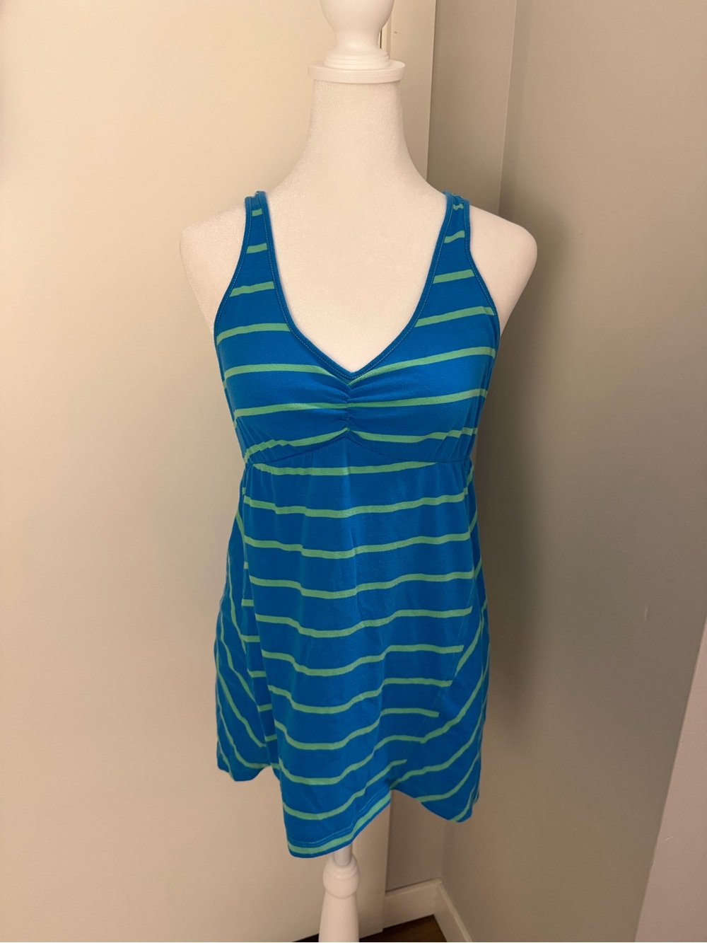 Ocean Pacific OP Blue and Green Striped V-Neck Lace Racerback Babydoll Tank